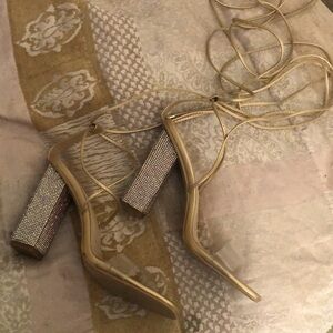 Gold Cross-Tie High Heels Bedazzled